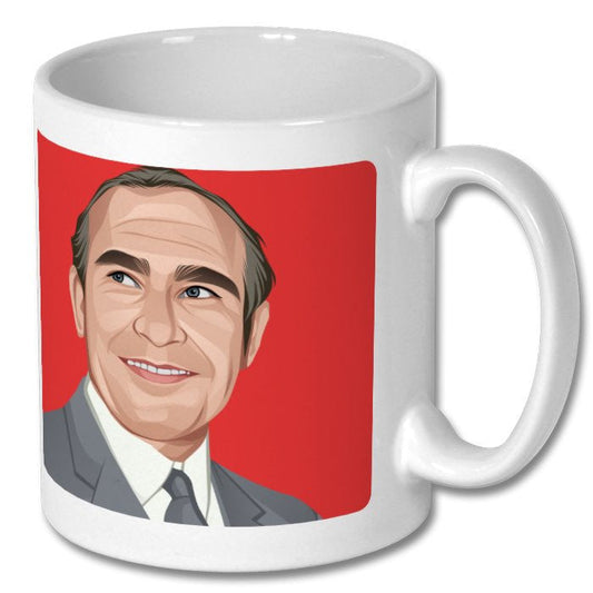 Retrotext ceramic mug featuring a vibrant illustration of Sir Alf Ramsey against a bold red background