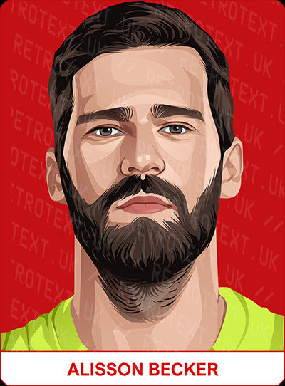 Retrotext personalised Liverpool Legends mug featuring a vibrant illustrated portrait of goalkeeper Alisson Becker.