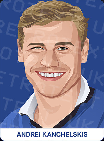 Retrotext Everton mug featuring a digital illustration of Andrei Kanchelskis in a blue kit against a blue background