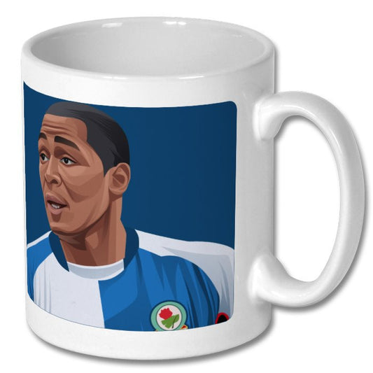 Retrotext white ceramic mug featuring a graphic illustration of Andy Cole in a 2002 Blackburn Rovers football kit.