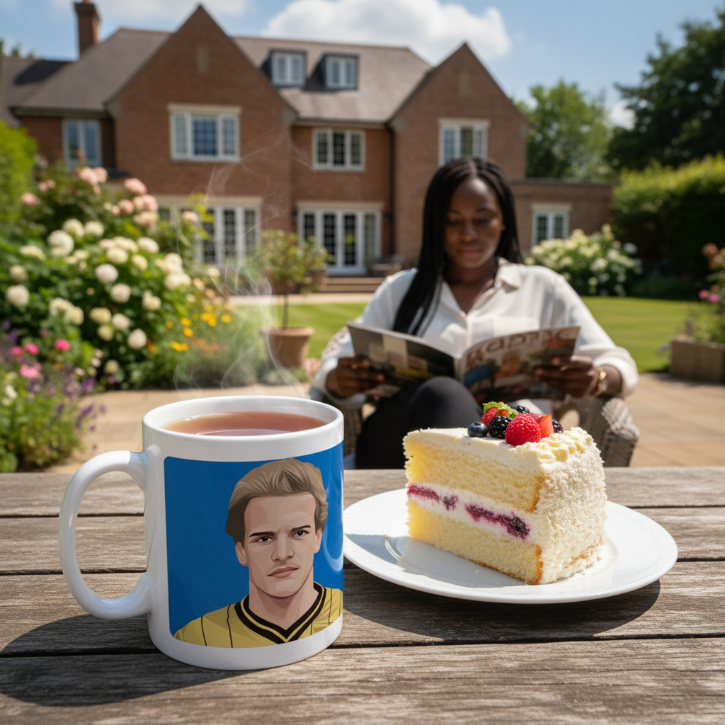 Retrotext white ceramic mug featuring Andy Gray, Wolverhampton Wanderers 1980 League Cup winner, on a garden table.