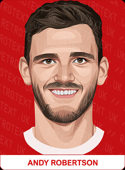 Retrotext personalised Liverpool Legends mug featuring a cartoon illustration of Andy Robertson on a red background