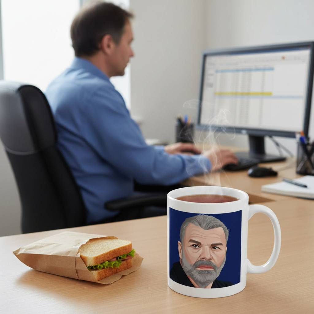 Retrotext Tottenham Hotspur 2025 Europa League winners mug featuring Ange Postecoglu on a desk with a sandwich