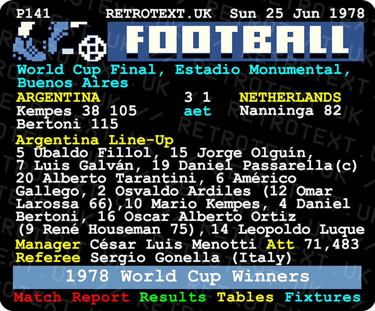 Retrotext 11oz glossy white mug featuring a 1978 Argentina World Cup final teletext match report design.
