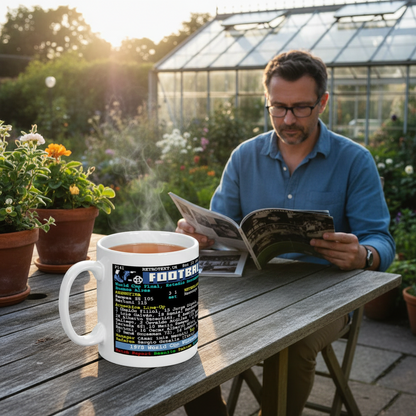 Retrotext 11oz glossy white mug featuring Argentina 1978 World Cup teletext design, sitting on a wooden garden table.