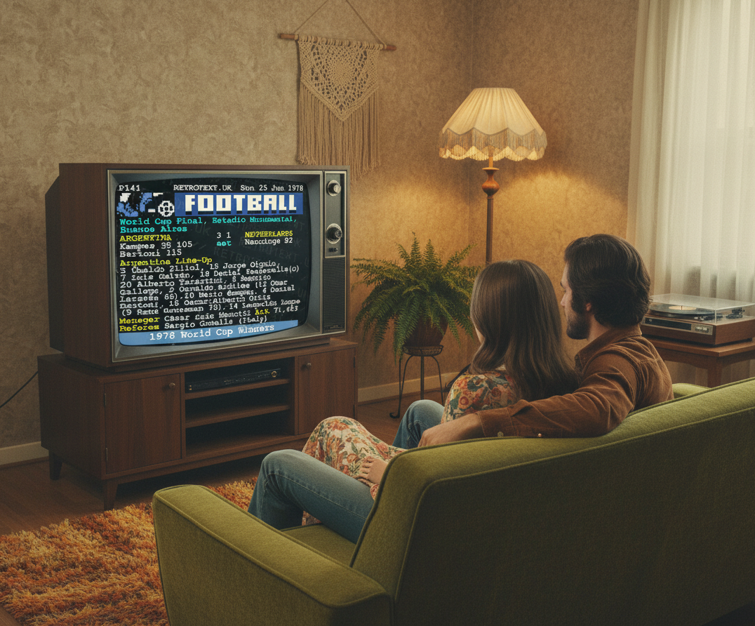 Retrotext Argentina 1978 World Cup Winners Teletext mug displayed on a vintage television screen in a cozy living room.