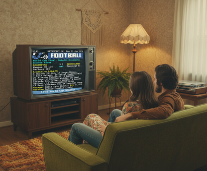 Retrotext Argentina 1978 World Cup Winners Teletext mug displayed on a vintage television screen in a cozy living room.