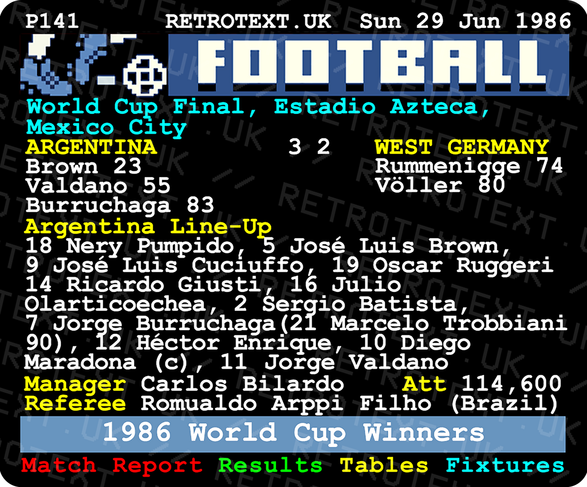Retrotext 11oz glossy white mug featuring a 1986 Argentina World Cup final teletext match report design.