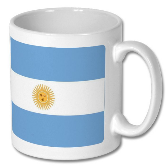 Retrotext 11oz glossy white ceramic mug featuring the Argentina national flag design from the 1986 World Cup.