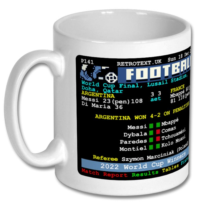 Retrotext white 11oz ceramic mug featuring an Argentina 2022 World Cup final teletext style match summary design