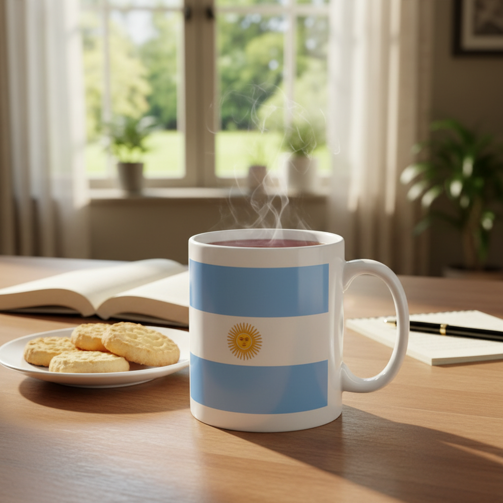 Retrotext 11oz glossy white mug featuring the Argentina 1978 World Cup flag design, sitting on a wooden desk.