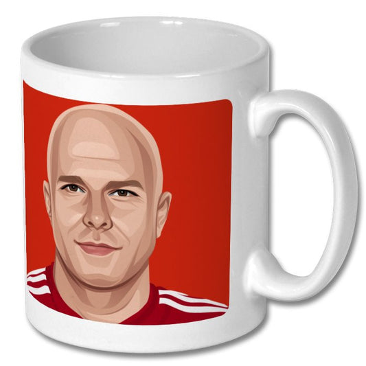 Retrotext Liverpool 2025 Premier League Champions ceramic mug featuring a vibrant illustration of Arne Slot