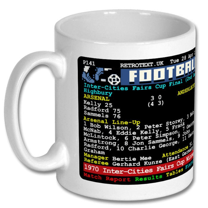 Retrotext Arsenal 1970 European glory ceramic mug featuring a retro teletext match report design on a white background.