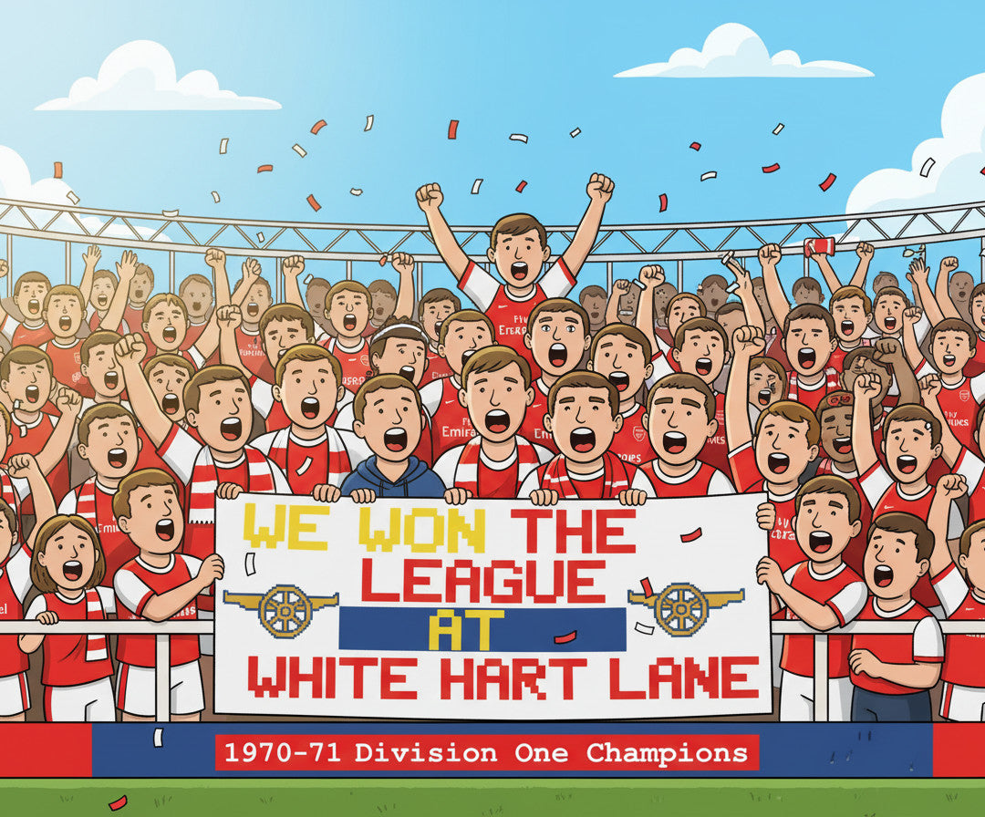 Retrotext Arsenal 1971 Division One Champions mug featuring a celebratory crowd illustration and teletext-style text.