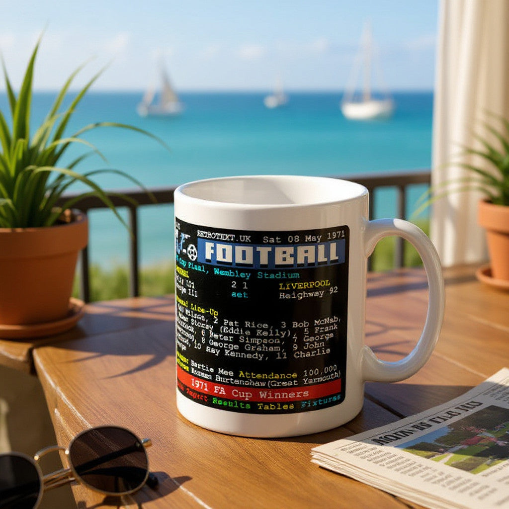 Retrotext Arsenal 1971 Double Winners Teletext mug with football match details on a sunny balcony table