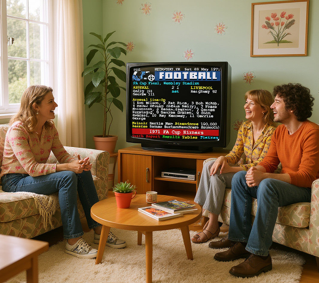 Retrotext Arsenal 1971 FA Cup Winners Charlie George Teletext mug on a wooden coffee table in a cozy living room