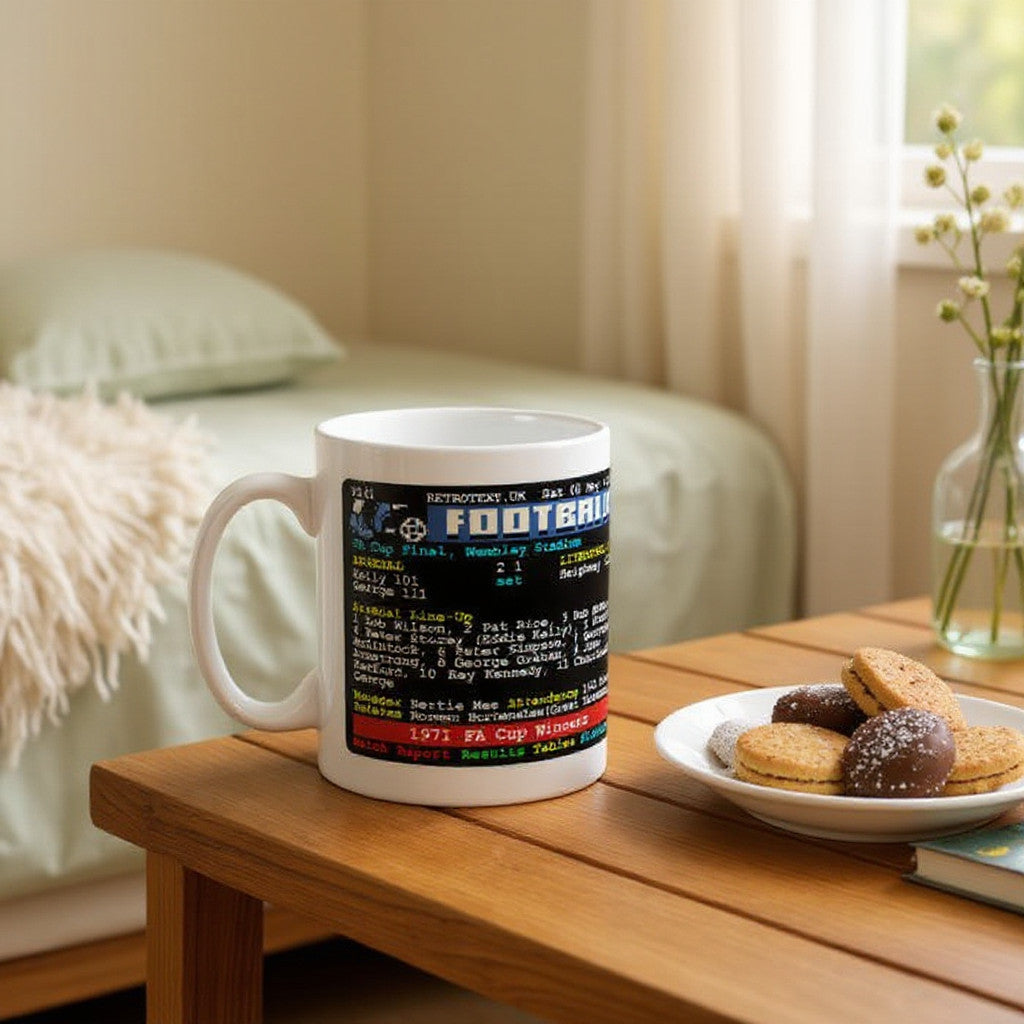 Retrotext Arsenal 1971 FA Cup winners mug featuring a vintage teletext football score design on a glossy white finish