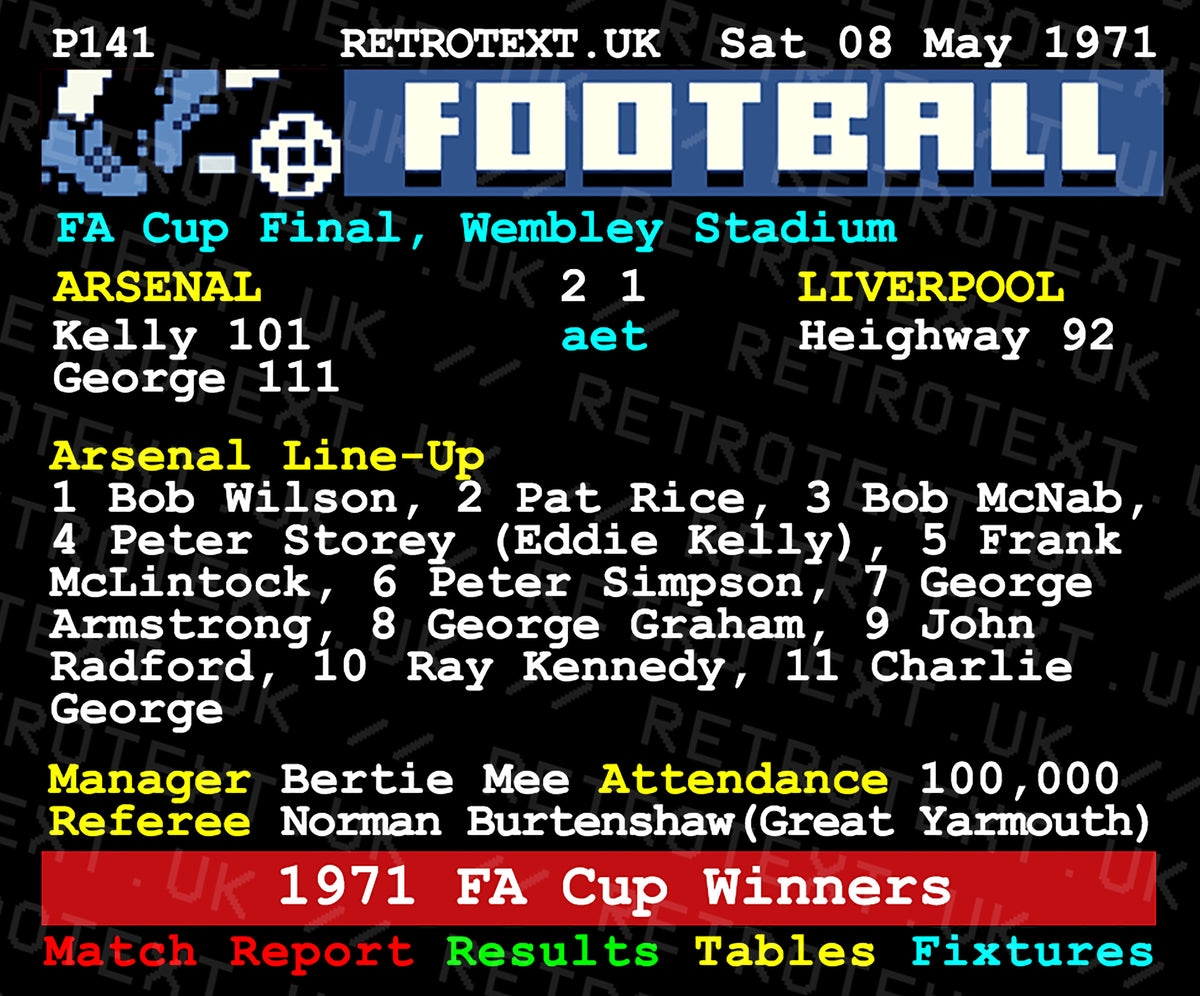 Retrotext Arsenal 1971 FA Cup Winners mug featuring a vintage teletext match report design on a glossy white finish.