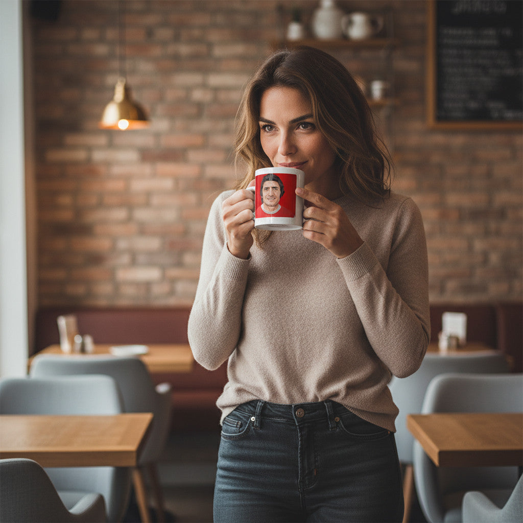 Woman holding a Retrotext Arsenal 1971 Frank McLintock mug in a cozy cafe setting