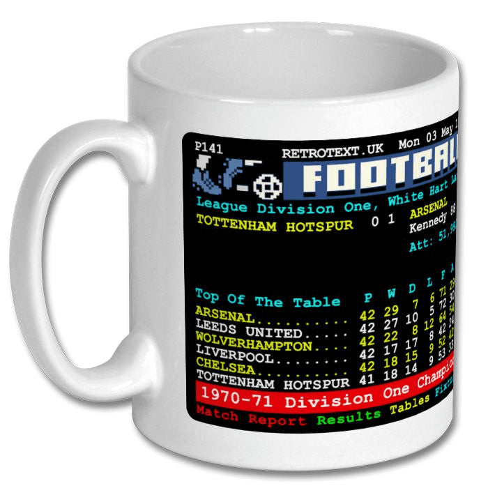 Retrotext white 11oz ceramic mug featuring a vintage 1971 Arsenal Division One Champions teletext football table