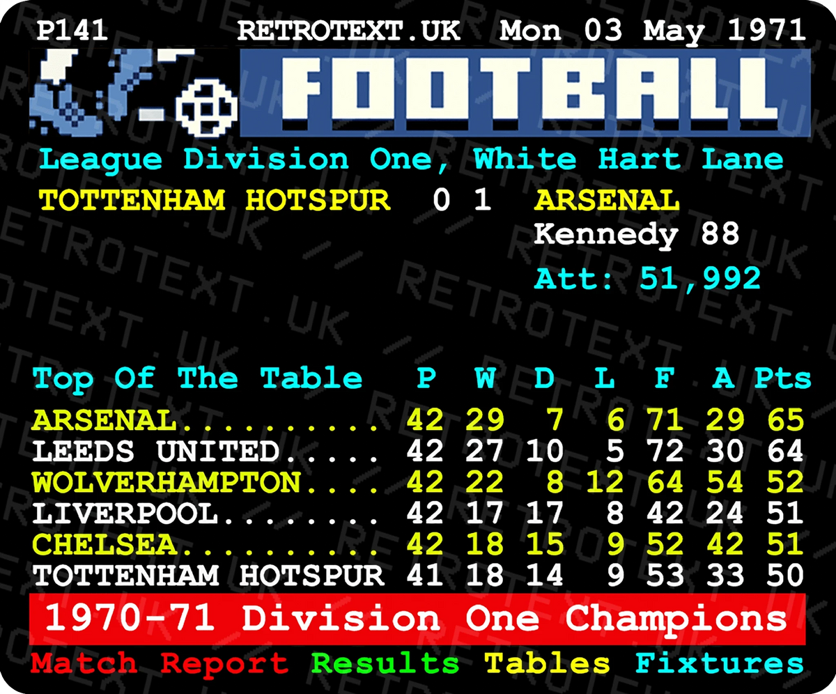 Retrotext Arsenal 1971 Division One Champions teletext design on a glossy white 11oz ceramic mug
