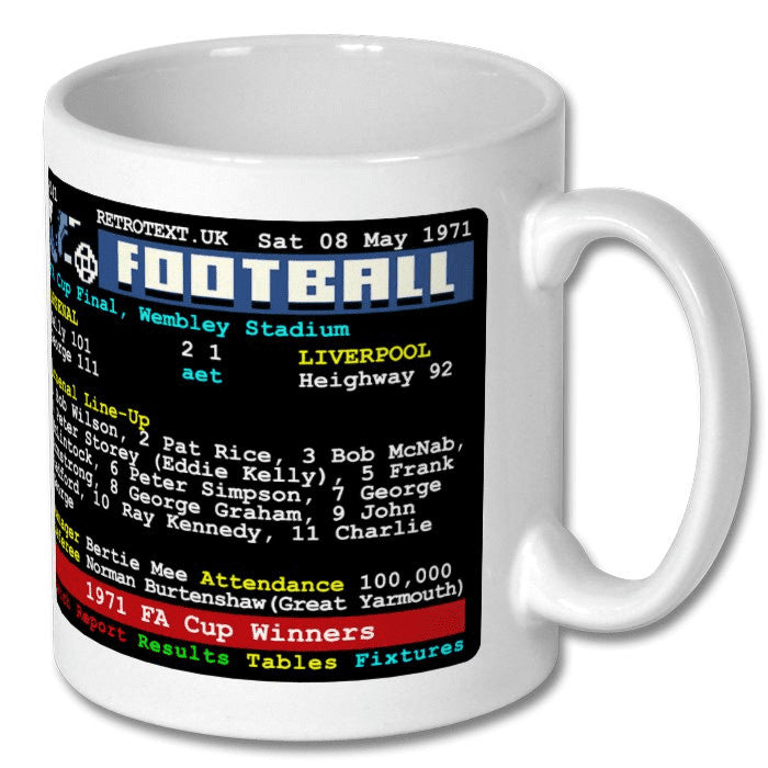 Retrotext Arsenal 1971 Double Winners white ceramic mug featuring a vintage football teletext match report design.