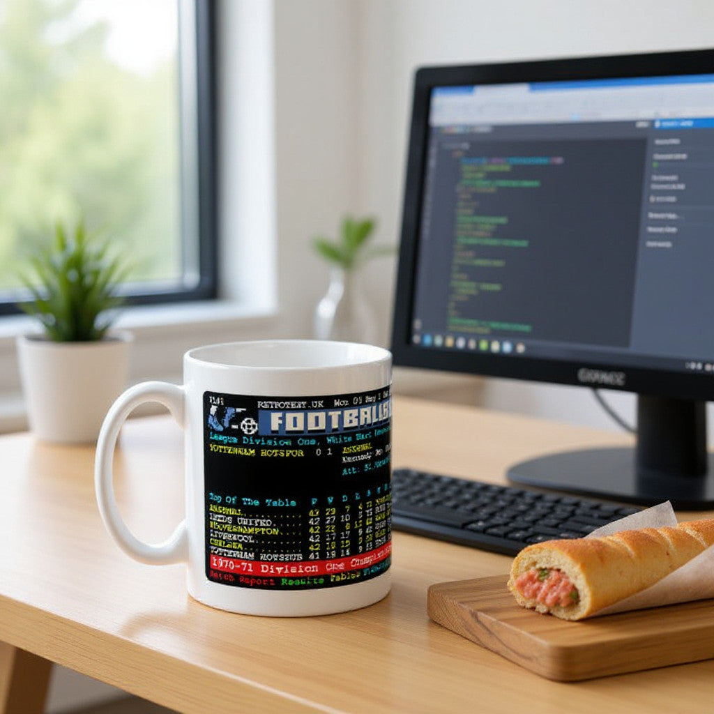 Retrotext Arsenal 1971 Double Winners Teletext mug with glossy white finish on a desk next to a snack