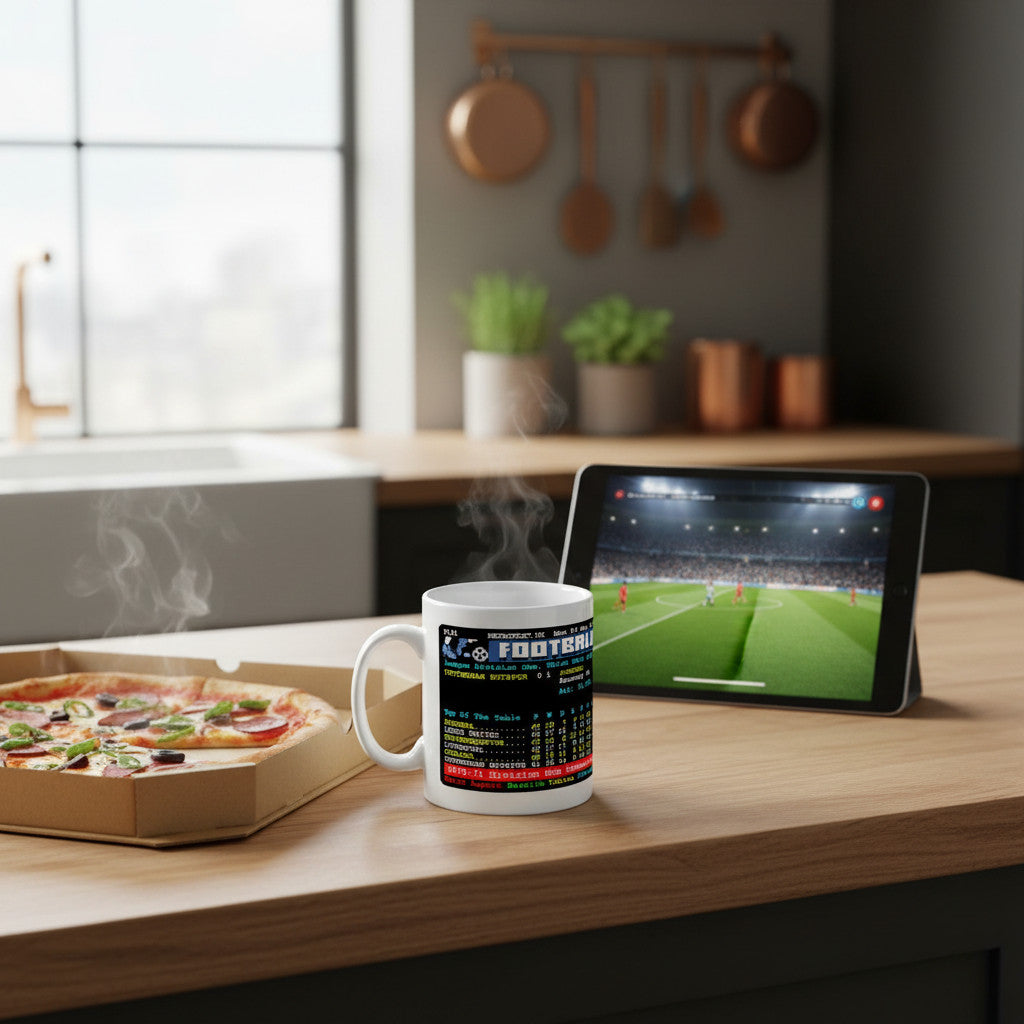 Retrotext Arsenal 1971 Division One Champions teletext mug on a kitchen counter with pizza and a tablet