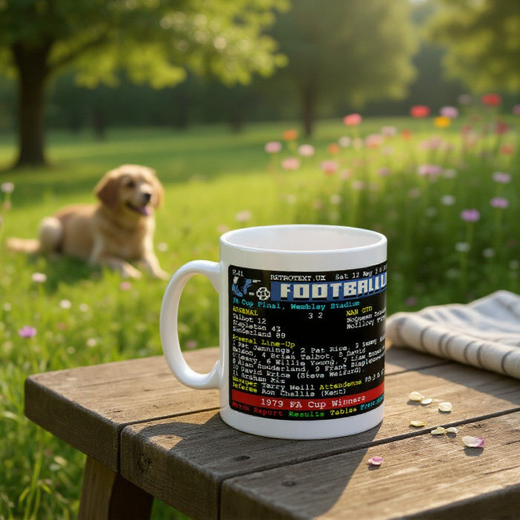 Retrotext Arsenal 1979 FA Cup winners mug featuring a teletext score display on a wooden table in a garden setting.