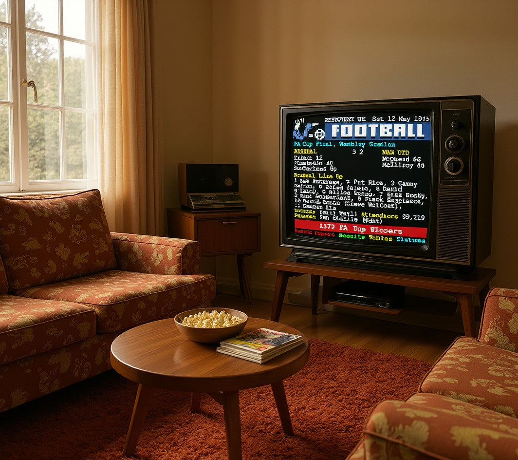 Retrotext Arsenal 1979 FA Cup winners mug featuring Alan Sunderland teletext design on a vintage living room table