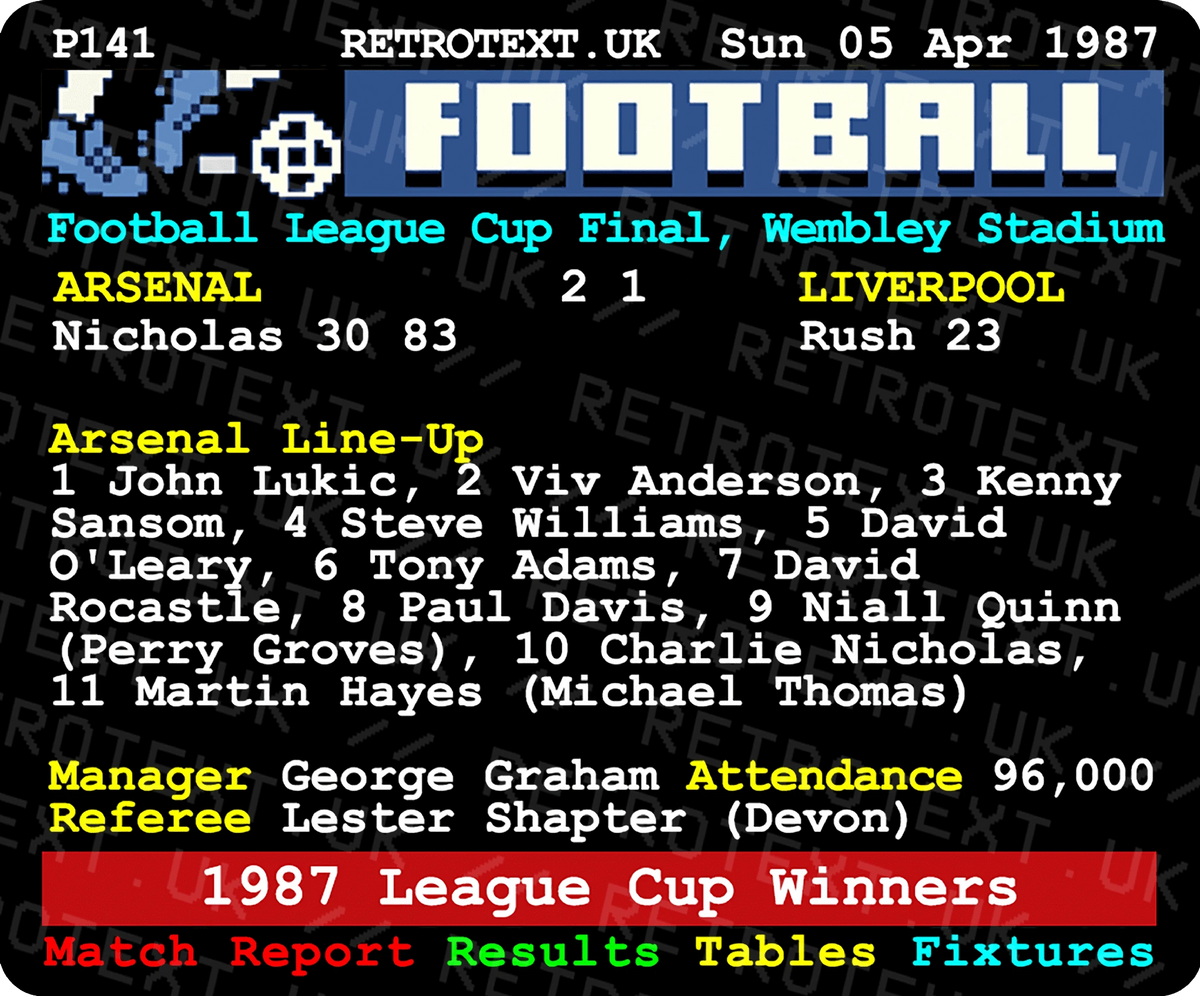 Retrotext 11oz glossy white mug featuring a 1987 Arsenal League Cup final teletext match report design