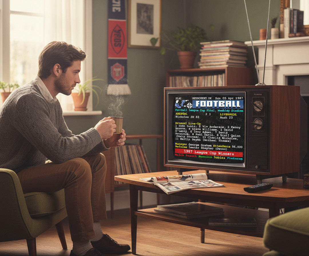 Retrotext Arsenal 1987 League Cup ceramic mug featuring Charlie Nicholas and teletext match details in a cozy living room