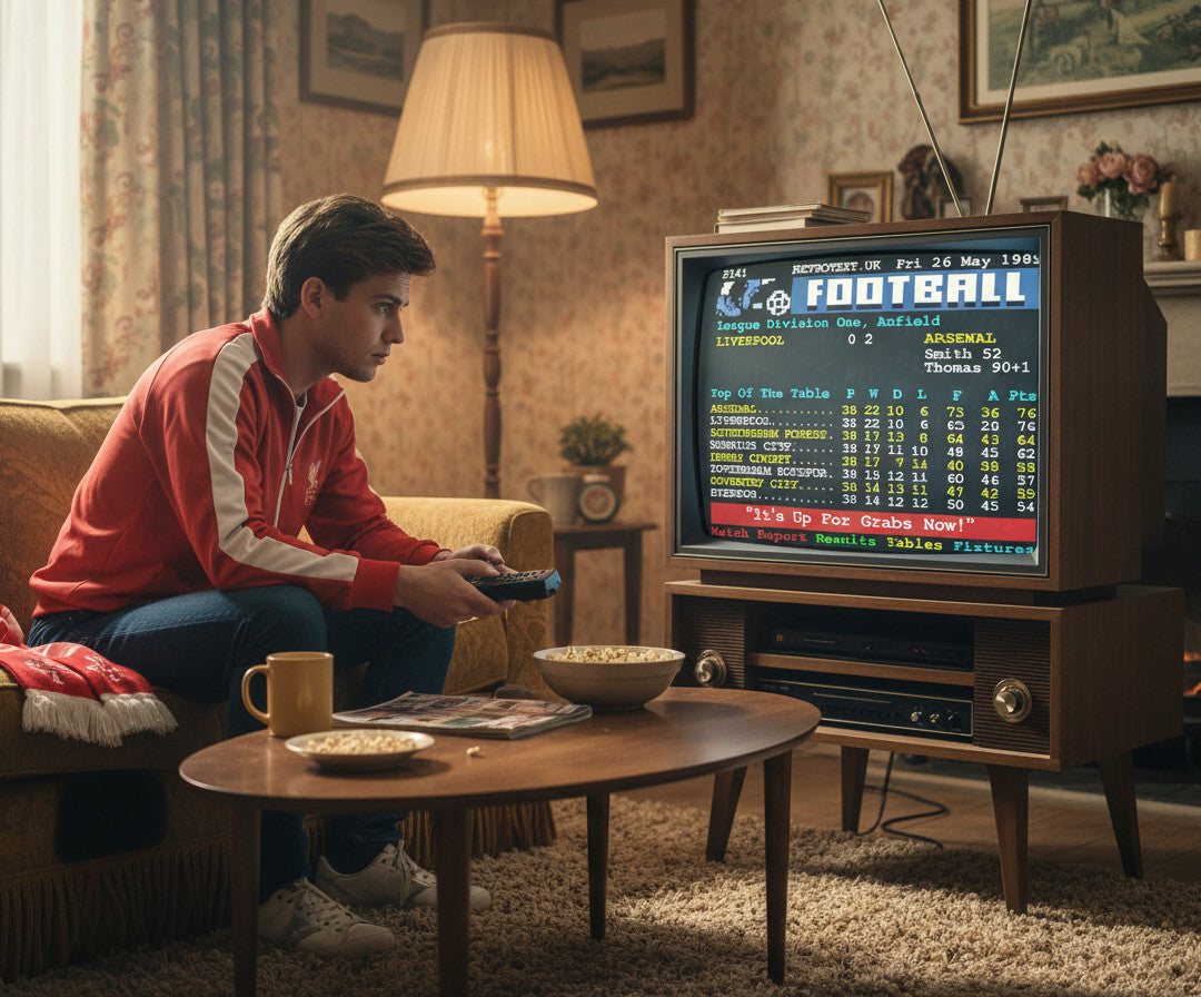 Retrotext Arsenal 1989 football mug featuring Teletext design on a wooden coffee table next to a vintage television