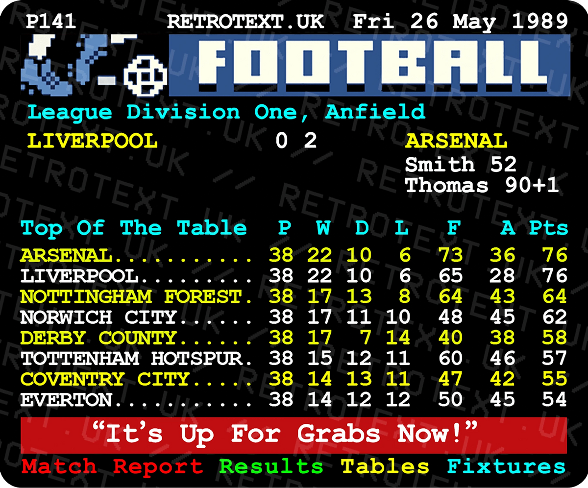 Retrotext 11oz glossy white mug featuring a 1989 Teletext football league table showing Arsenal's historic title win.