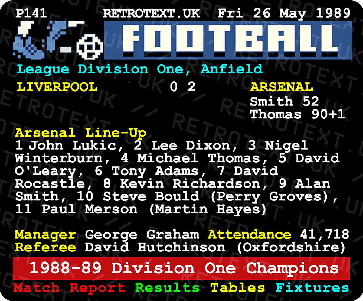 Retrotext Arsenal 1989 Division One Champions mug featuring a vintage football teletext match report screen design.