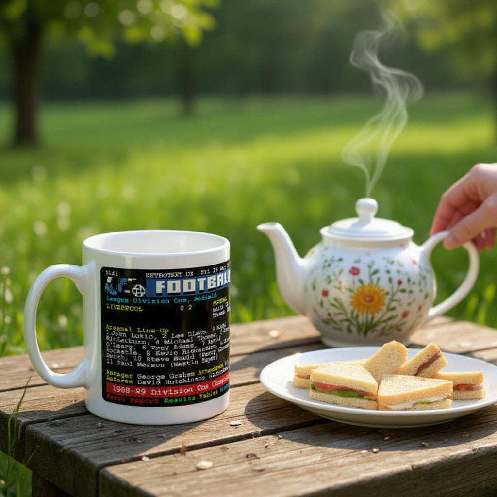 Retrotext Arsenal 1989 Division One Champions Teletext mug on a wooden table with a teapot and sandwiches in a garden.