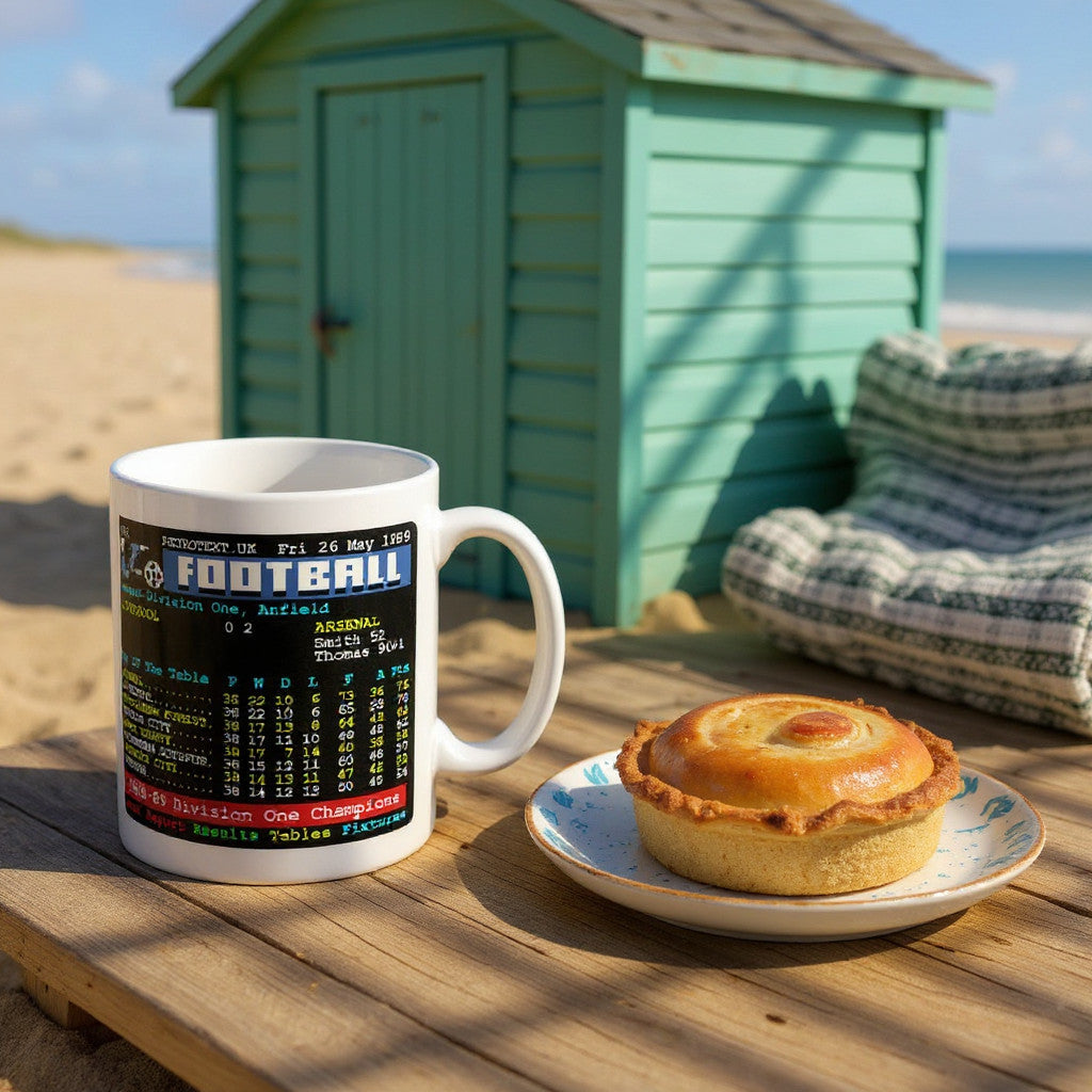 Retrotext Arsenal 1989 Division One Champions teletext mug on a wooden table with a meat pie at the beach