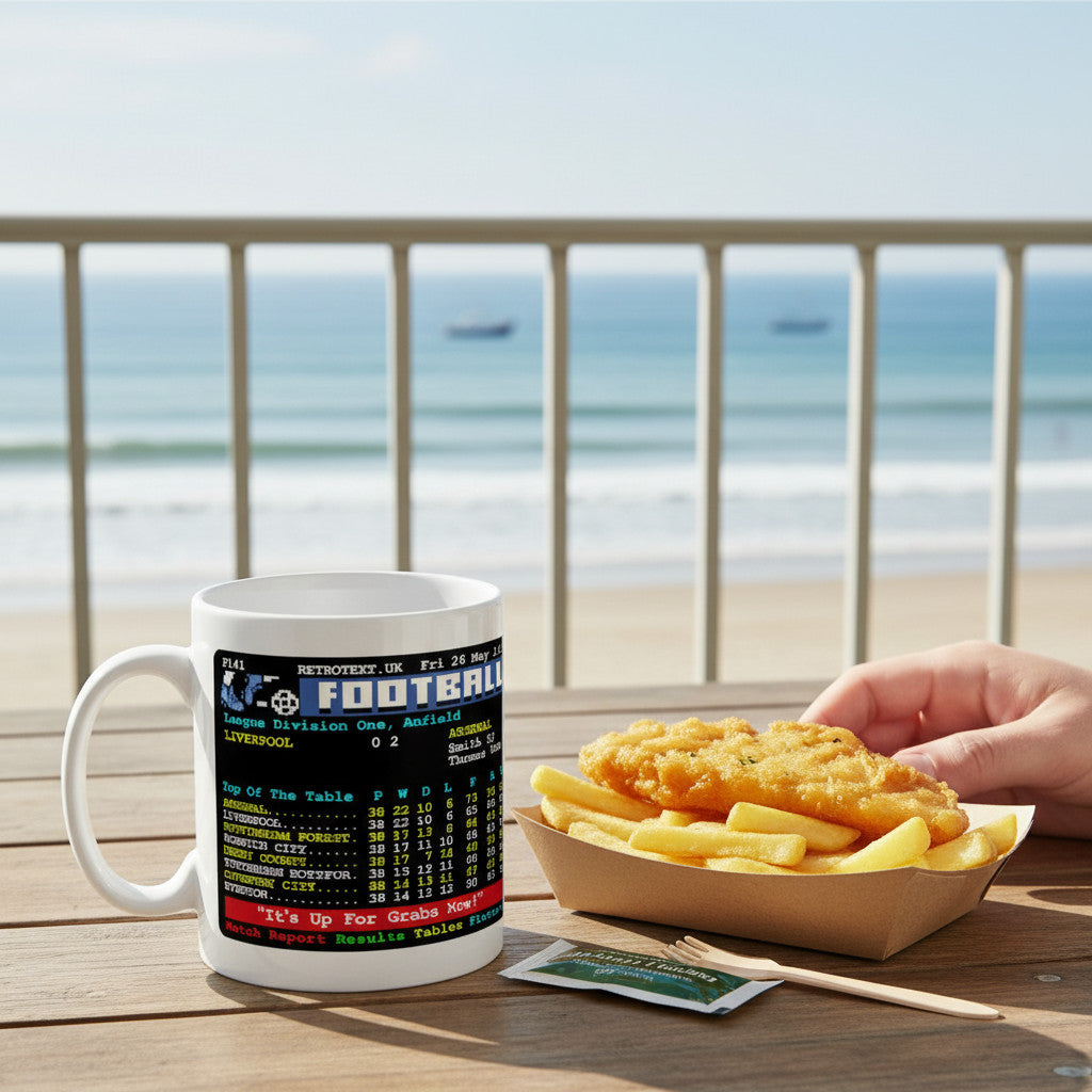 Retrotext Arsenal 1989 Teletext mug featuring Michael Thomas goal stats next to fish and chips on a beachside table