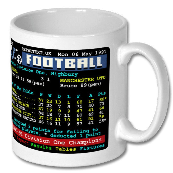 Retrotext Arsenal 1991 Division One Champions teletext design on a glossy white 11oz ceramic coffee mug