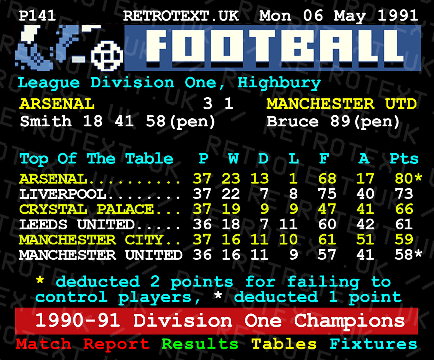 Retrotext Arsenal 1991 Division One Champions mug featuring a vintage teletext football league table design.