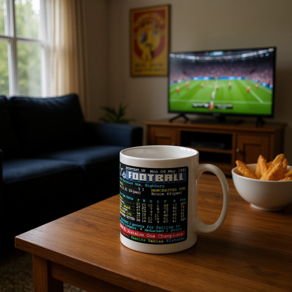 Retrotext Arsenal 1991 Division One Champions Teletext mug on a wooden table with a football match on TV in background