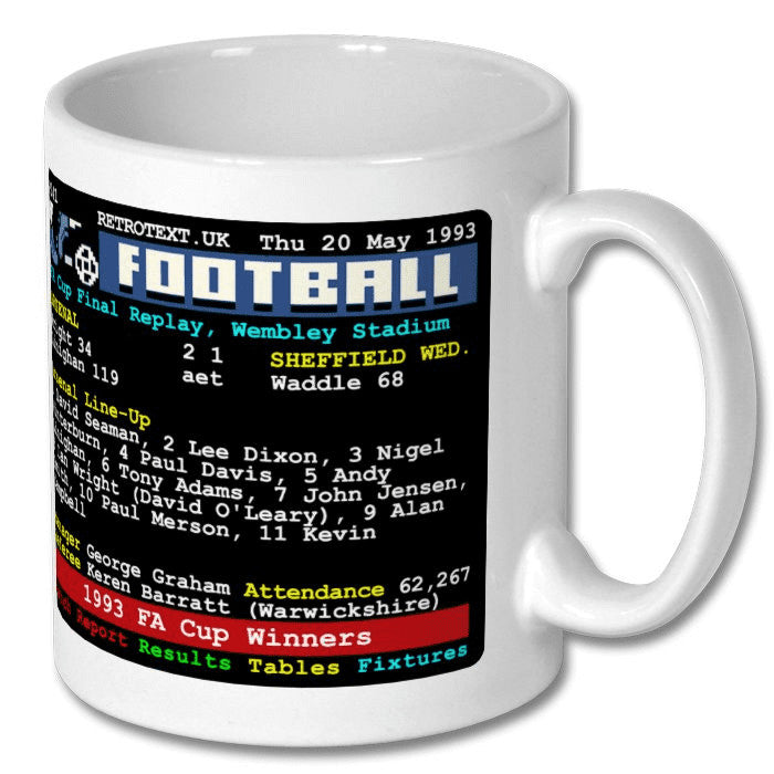 Retrotext Arsenal 1993 FA Cup Winners white ceramic mug featuring a vintage teletext football score design.