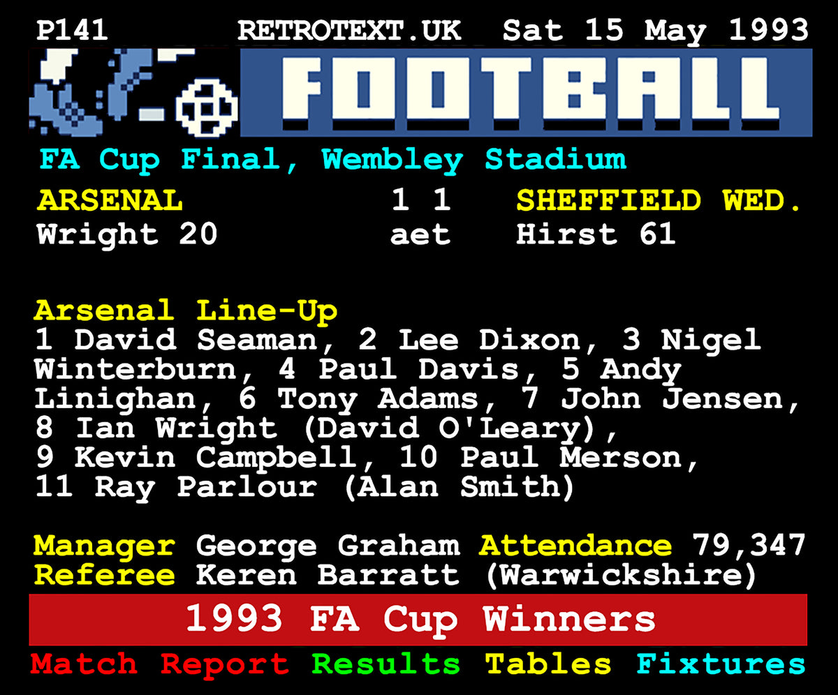 Retrotext Arsenal 1993 FA Cup Winners Teletext mug featuring a vintage football match report design on white ceramic.