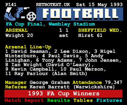 Retrotext Arsenal 1993 FA Cup Winners Teletext mug featuring a vintage football match report design on white ceramic.