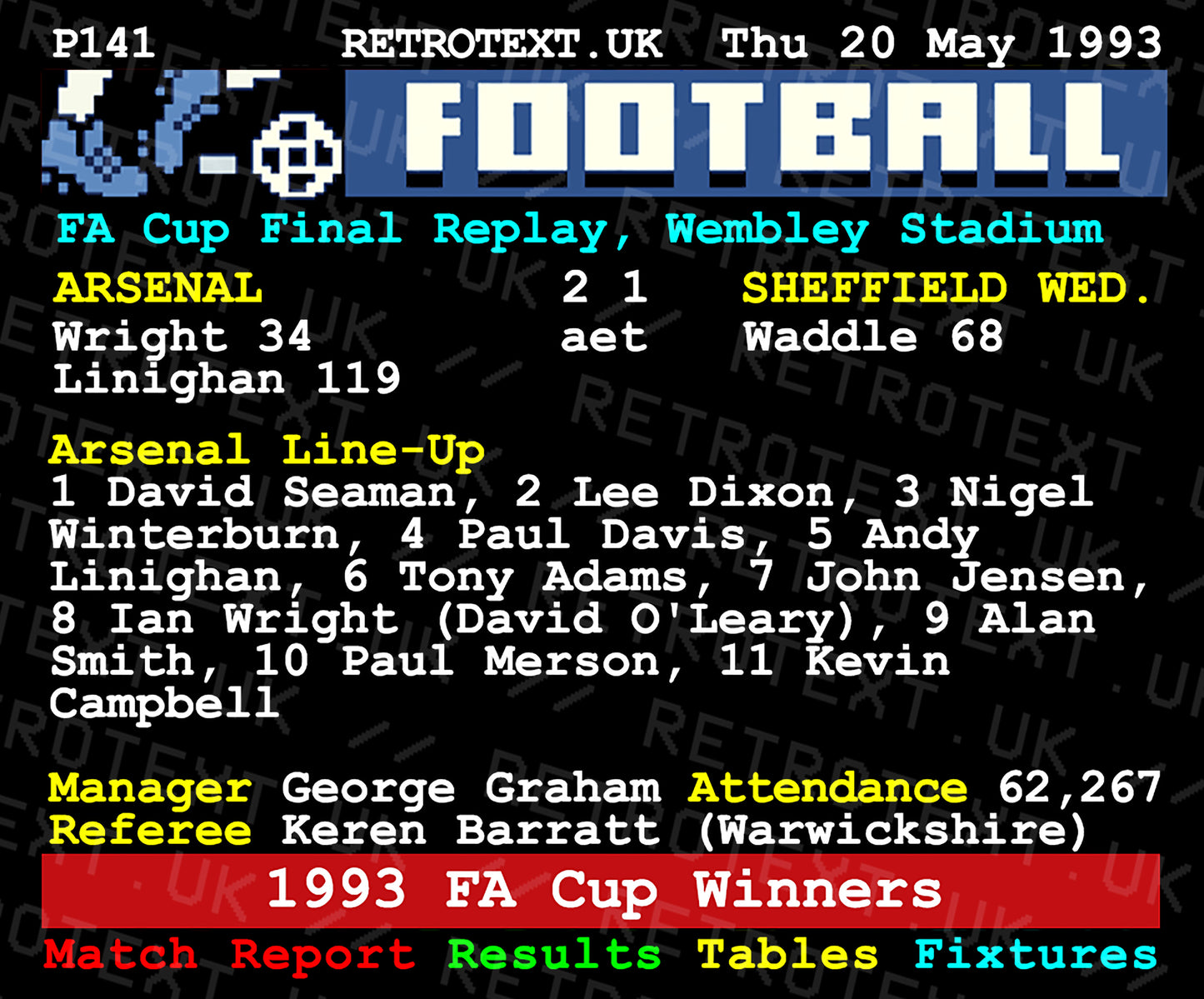 Retrotext Arsenal 1993 FA Cup Winners mug featuring a vintage teletext football score display on a glossy white finish