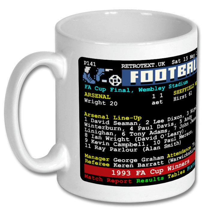 Retrotext Arsenal 1993 FA Cup Winners white ceramic mug featuring a vintage teletext football match report design.