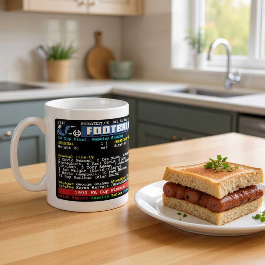 Retrotext Arsenal 1993 FA Cup Winners Teletext mug with glossy white finish on a wooden kitchen counter next to a sandwich