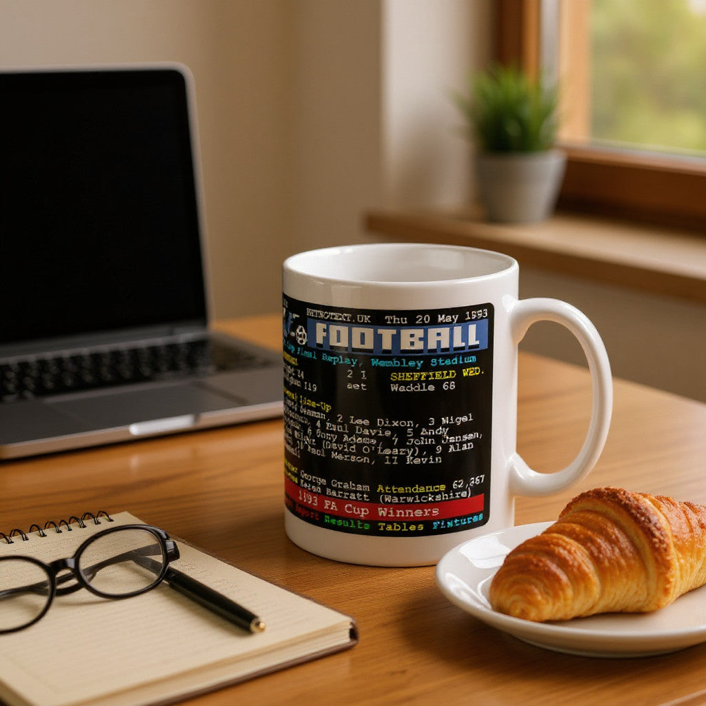 Retrotext Arsenal 1993 FA Cup Winners teletext design mug on a wooden desk with a laptop, notebook, and croissant.