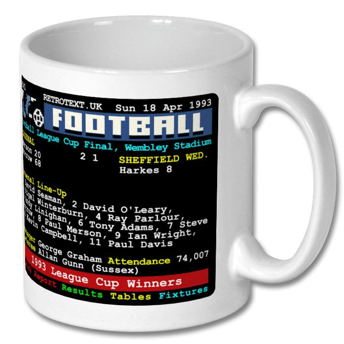 Retrotext Arsenal 1993 League Cup Winners Teletext design on a glossy white 11oz ceramic mug