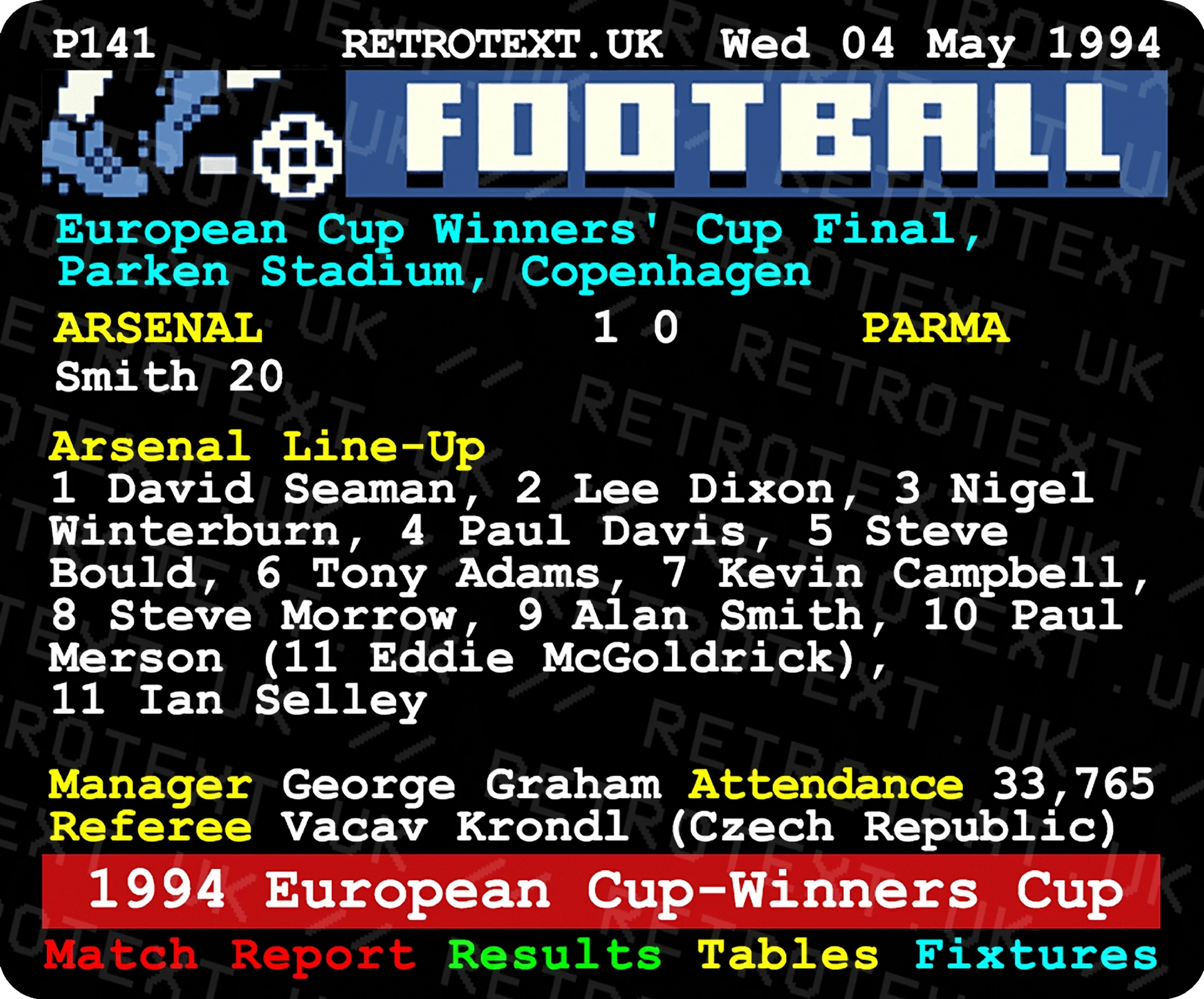 Retrotext Arsenal 1994 European Cup Winners' Cup mug featuring a nostalgic teletext-style match report design.